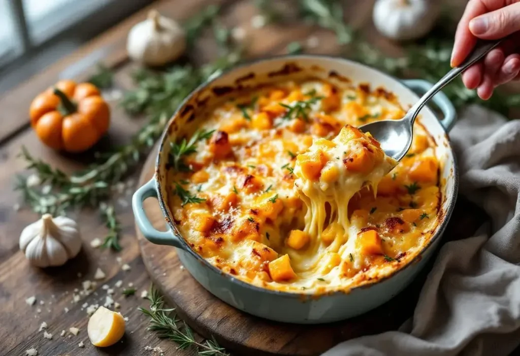 Gratin butternut au fromage frais au four : douceur fondante, herbes fraîches et crème pour réchauffer les soirs d’hiver