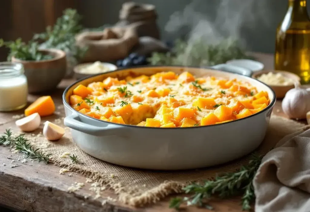 Gratin butternut-fromage frais au four : douceur fondante, herbes fraîches et crème pour réchauffer les soirs d’hiver