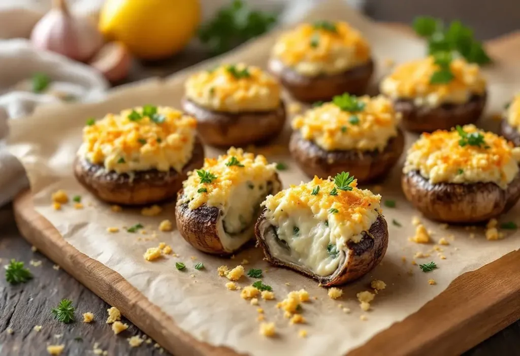 Champignons farcis au four, à l’ail et aux fines herbes : apéro chaud, fondant et croustillant