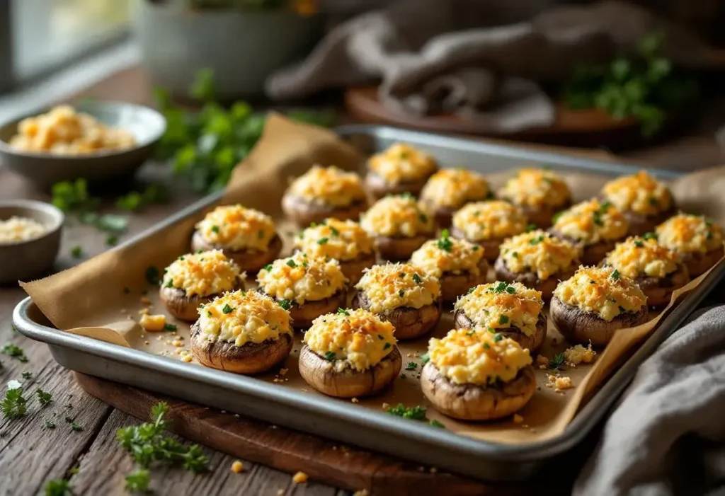 Champignons farcis au four, à l’ail et aux fines herbes : l’apéro chaud, fondant et croustillant