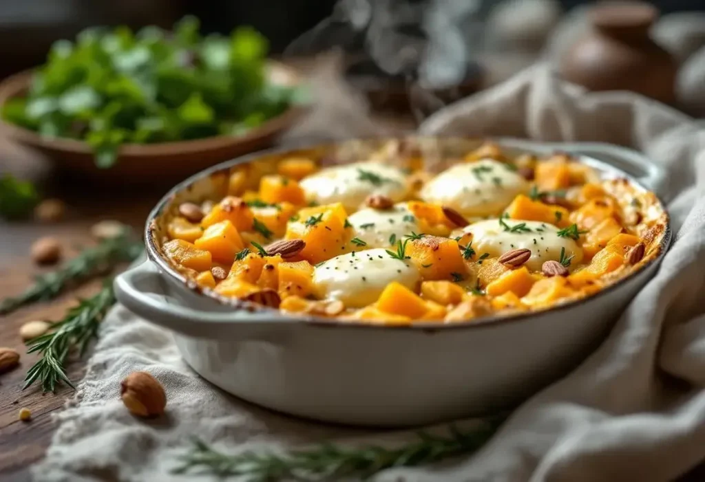 Gratin butternut au fromage frais au four : douceur onctueuse, herbes fraîches et crème pour réchauffer les soirs d'hiver