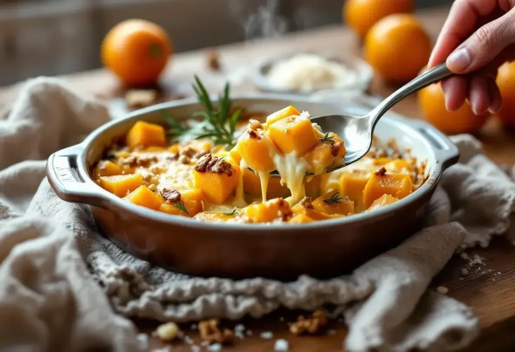 Gratin de butternut au fromage frais, cuit au four : onctueuse douceur, herbes fraîches et crème pour réchauffer les soirs d'hiver