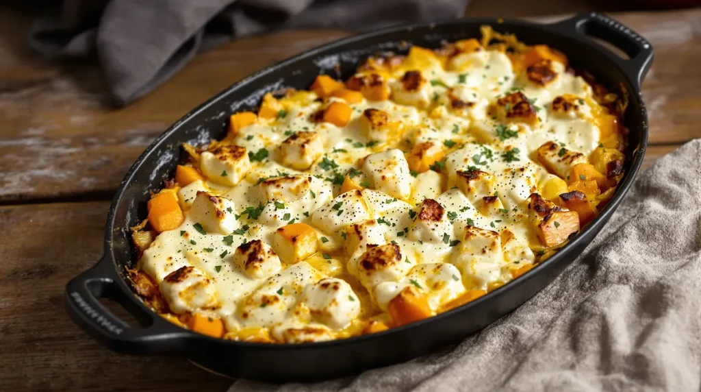 Gratin butternut au fromage frais au four : douceur fondante, herbes fraîches et crème pour réchauffer les soirs d’hiver