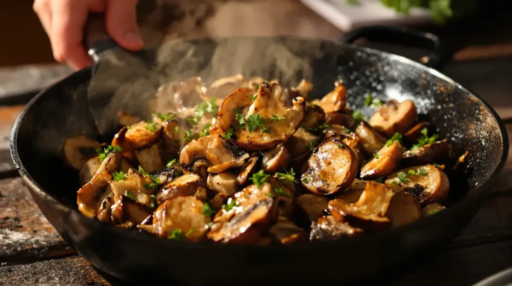 Le chef Etchebest nous dévoile sa méthode de cuisson des champignons qui fixe leur jus pour un effet caramélisé